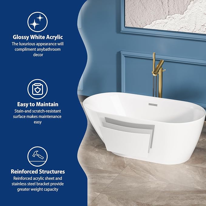 Sarlai 59 Inch Acrylic Freestanding Soaking Bathtub Contemporary Soaking White - Image 6