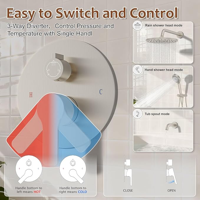 Iriber Brushed Nickel Bathtub Shower Faucet Set，Bathroom Shower System - Image 3