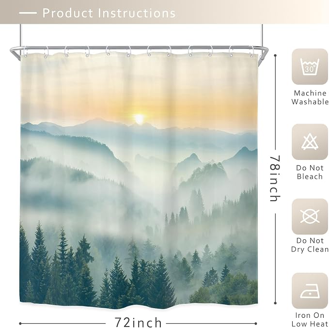 Riyidecor Extra Long Mountain Shower Curtain 72Wx78H Inch Green Yellow Sunset - Image 5