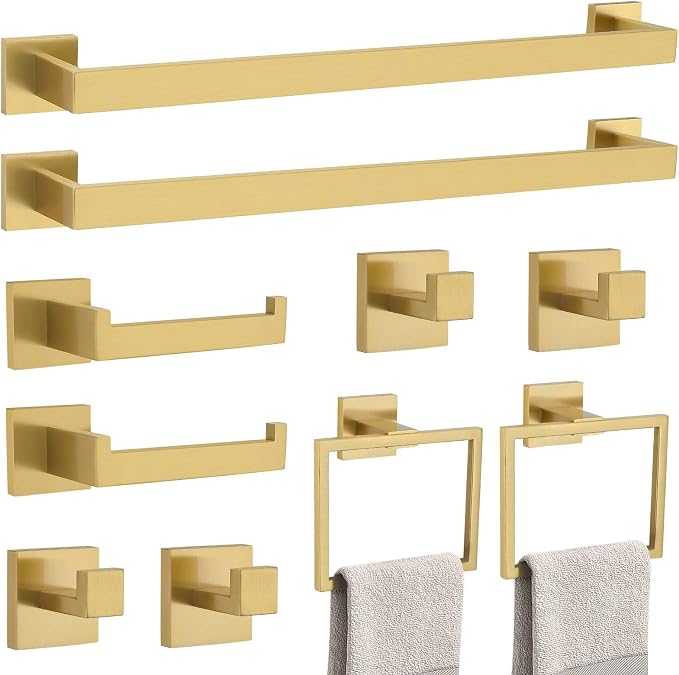 10-Piece Bathroom Hardware Accessories Set-Brushed Gold Towel Bar, Holder & by TNOMS