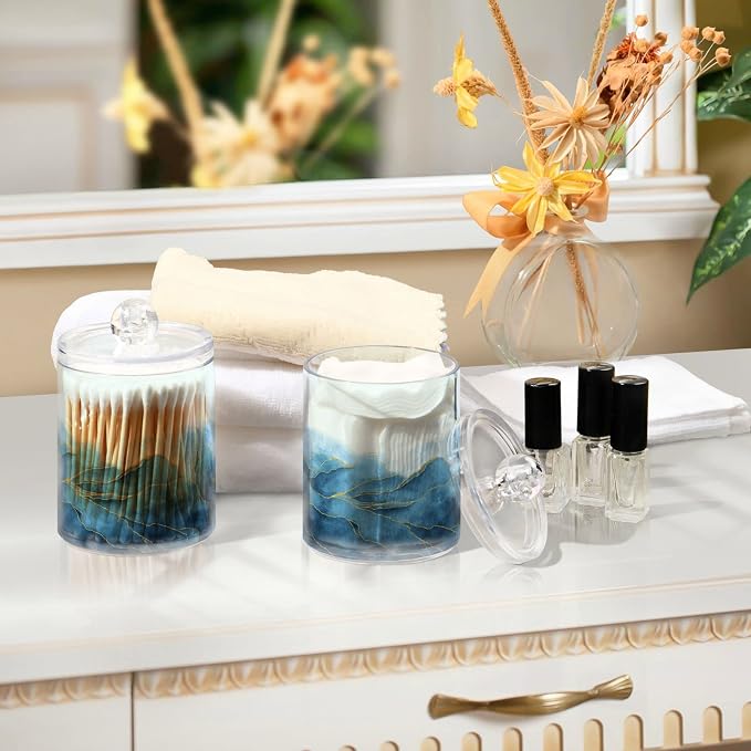 MNSRUU 2 Pack Qtip Holder Organizer Dispenser Blue Watercolor Marble Bathroom - Image 7