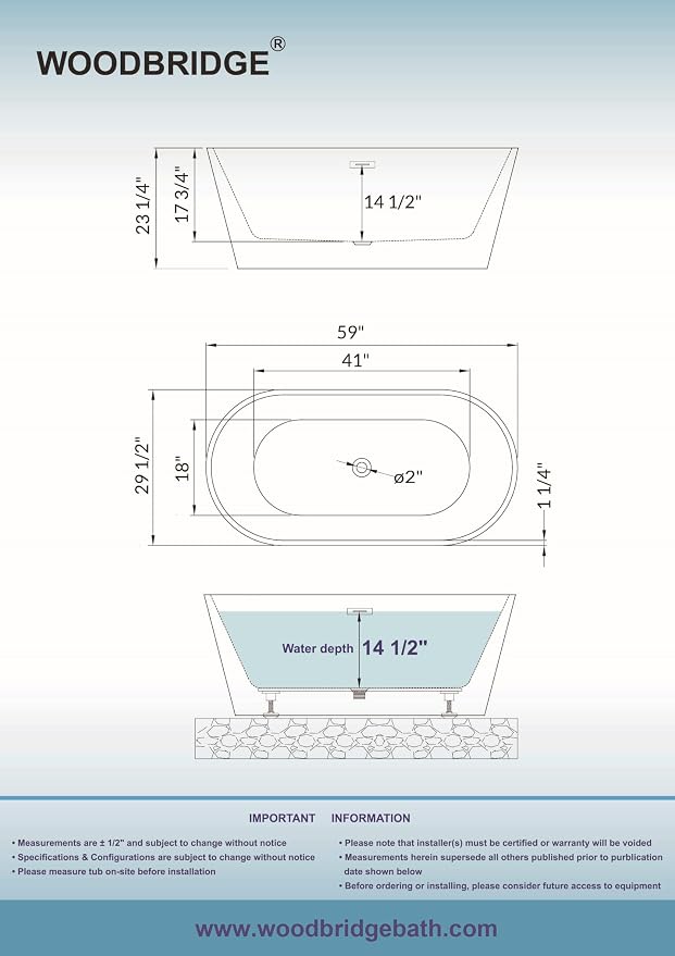WOODBRIDGE B-1814 59" Acrylic Freestanding Bathtub Contemporary Soaking Tub - Image 6