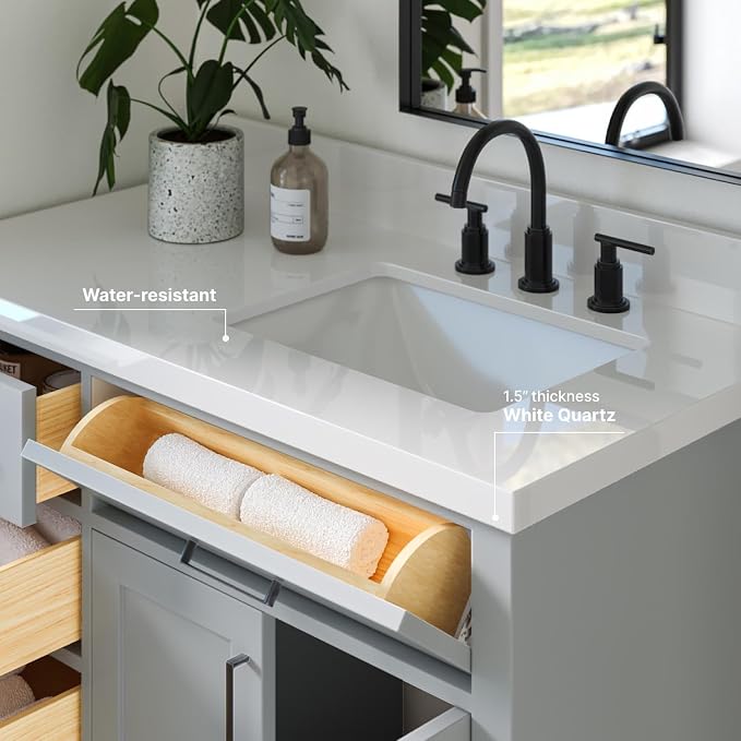 ARIEL Hepburn 43 Inch Single Sink Bathroom Vanity in Gray, 1.5 Edge Quartz Top - Image 4