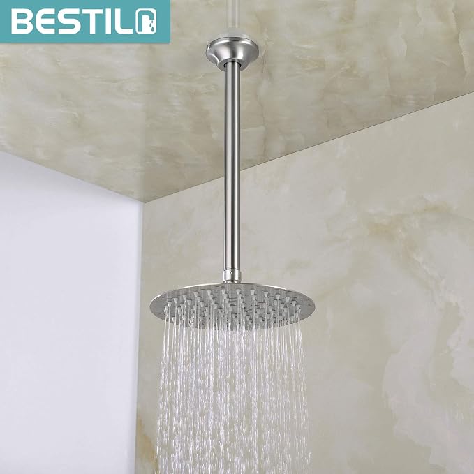 BESTILL 12 Inch Ceiling Mount Rain Shower Head Arm and Flange, Brushed Nickel - Image 3