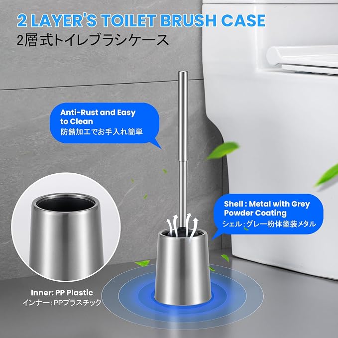 Stainless Steel Toilet Brush and Holder Toilet Brush Bowl Cleaning Brush Double - Image 3