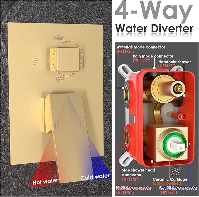 Enga 10 Inch + Dual 6-Inch Rain Shower System, Four Modes Diverter Shower Faucet - Image 5