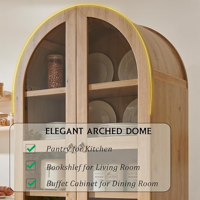 71" Tall Arched Kitchen Pantry, Modern Farmhouse Wood Kitchens Storage Cabinets - Image 4