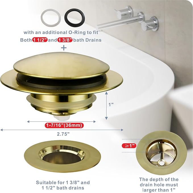 Gold Brushed Tub Drain Stopper, Universal Pop Up Bath Drain Plug Bathtub Drain - Image 2