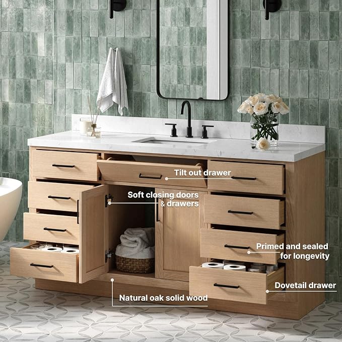 ARIEL Hepburn 66" Inch Oak Single Bathroom Vanity - Image 3