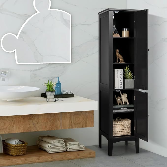 COSTWAY Tall Bathroom Storage Cabinet, 5-Tier Freestanding Linen Tower Cabinet - Image 4