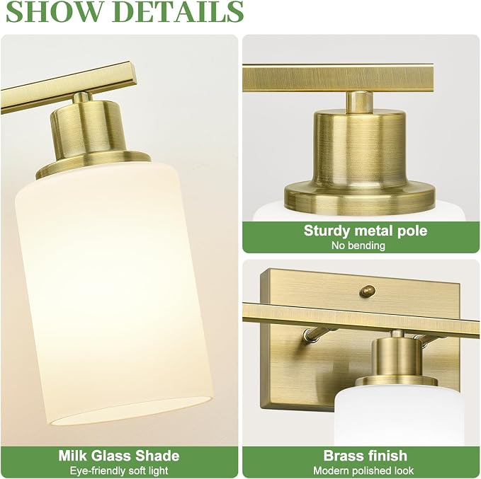 3-Light Bathroom Light Fixtures, Brushed Gold Vanity Light - Image 2