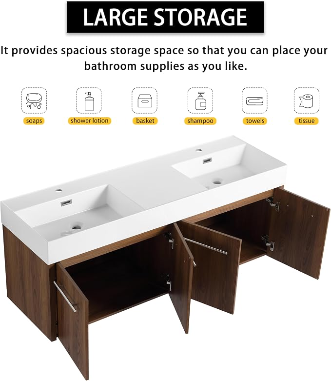 60 Inch Bathroom Vanity with Double White Resin Sink, Plywood Base, Scratch & - Image 3