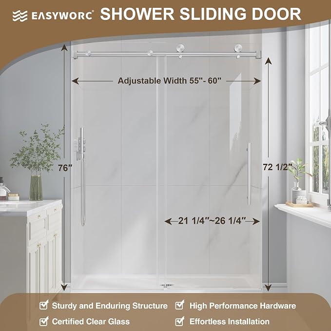 Frameless Glass Shower Door, 55-60" W x 76" H Sliding Frameless Shower Door - Image 5