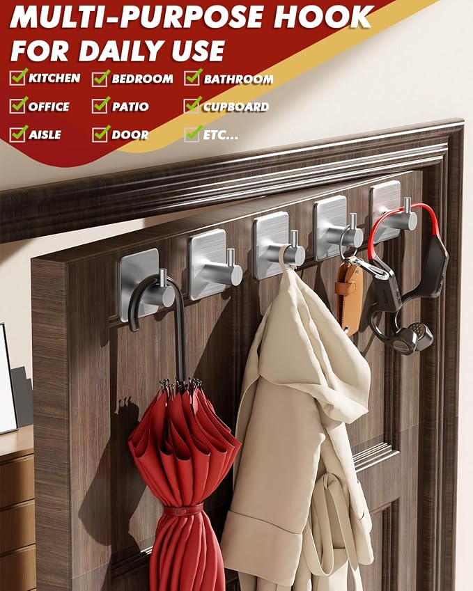 Adhesive Hooks Heavy Duty 30lb Wall Hooks, 5 Pack Damage Free Stainless Steel - Image 7