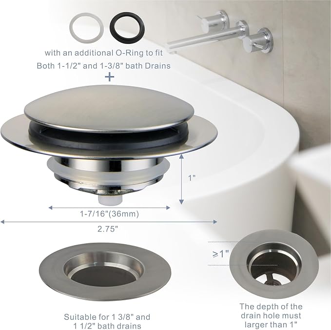 Brushed Bathtub Drain Stopper, Universal Pop Up Bath Drain, Hidrop Tip Toe Tub - Image 9