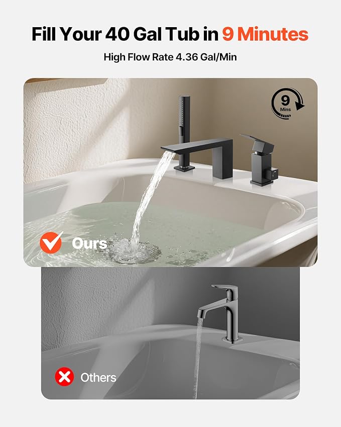 VEVOR Roman Tub Faucet, 3 Hole Waterfall Bathtub Faucet, Roman Bathtub Faucets - Image 2