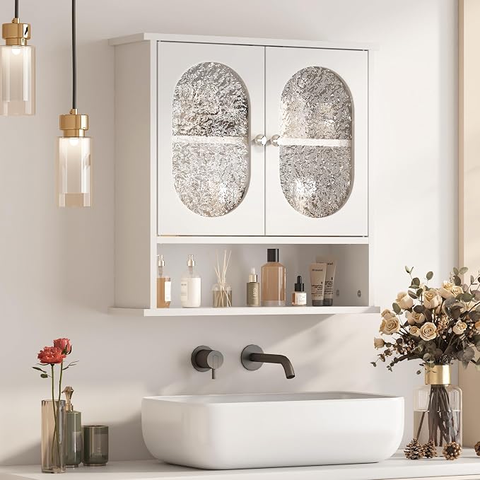 Medicine Cabinet for Bathroom, 2 Acrylic Doors White Oval Bathroom Wall Cabinet by Mepplzian