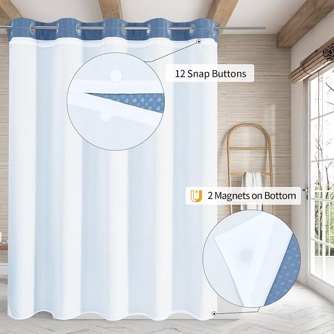MitoVilla No Hooks Needed Blue Waffle Shower Curtain Liner Set, Modern Waffle - Image 2