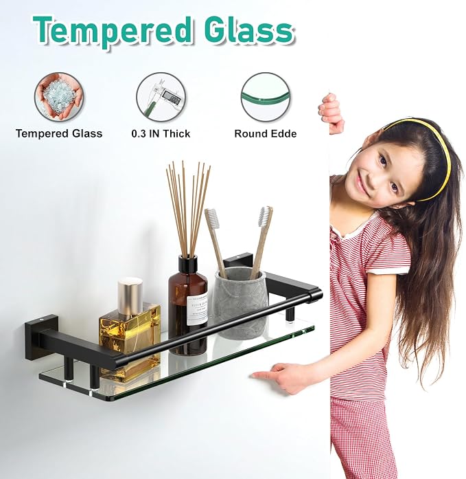 Glass Shelf 16IN for Bathroom Black Rectangular Stainless Steel Tempered Glass - Image 5