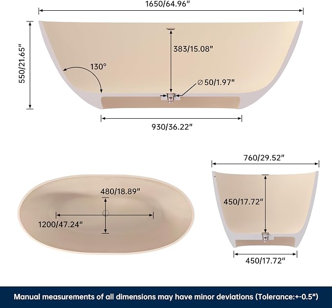 Stone Resin Freestanding Bathtub 65", Elegant Oval Shape Soaking Tub, Solid - Image 5