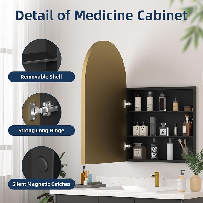 Medicine Cabinets for Bathroom, Brush Gold Arched Medicine Cabinet Recessed or - Image 6