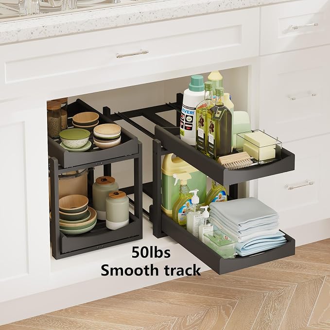 Bamboo Under Sink Organizer Adjustable Height 2 Tier Bathroom Organizer Pull - Image 5