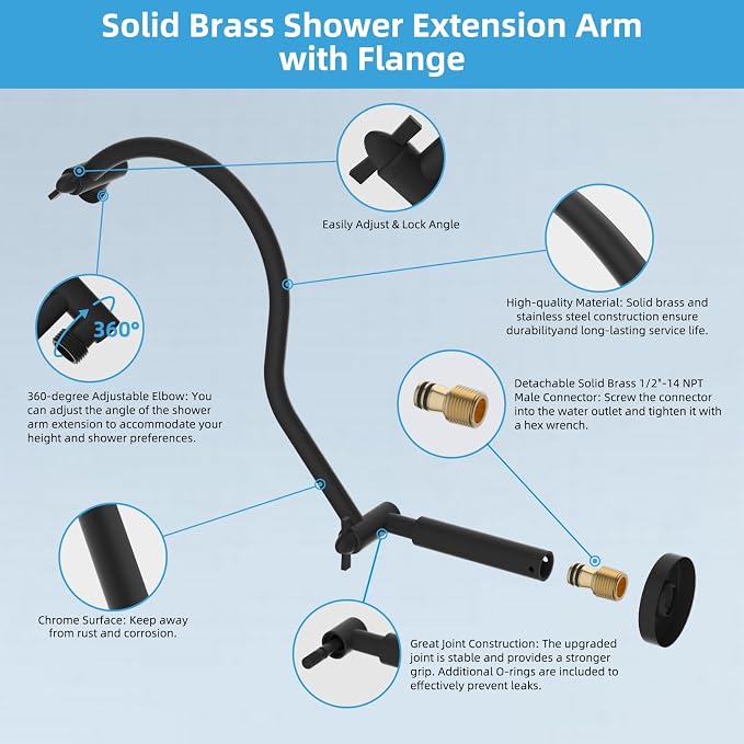 Hibbent All Metal Upgraded 18'' Shower Head Extension Arm, Shower Arm - Image 5