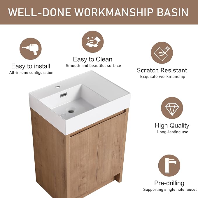 24 Inch Bathroom Vanity with Left Resin Sink, Freestanding Brown Single Sink - Image 3