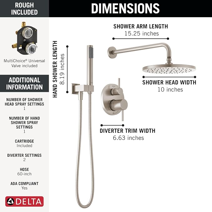 Delta Modern 14 Series Round Rain Shower System Faucet Set, Rainfall Brushed - Image 3