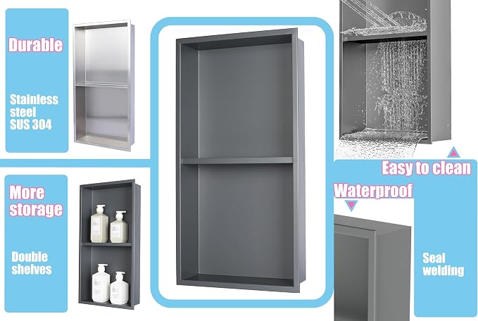 No Tile Ready Gunmetal Shower Niche, Stainless Steel Shower Wall Niche Inserts - Image 6