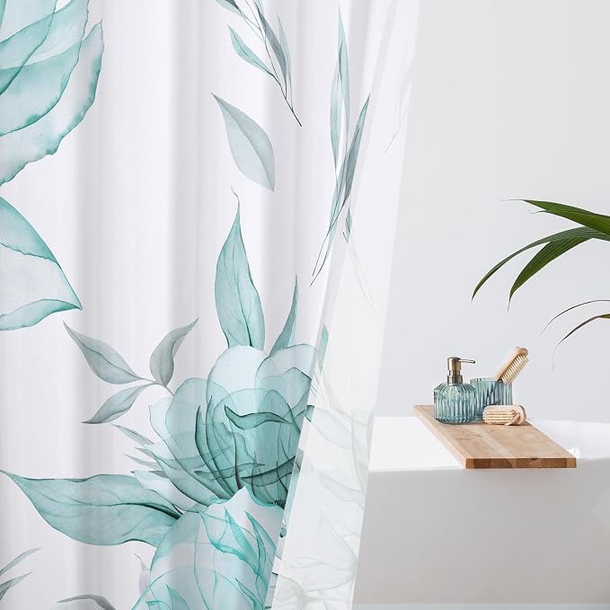 Long Boho Watercolor Floral Shower Curtain 72 x 78, Teal Blue and Grey Ink - Image 3