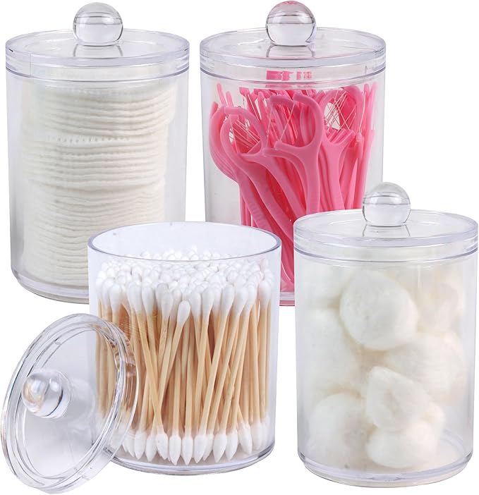 4 Pack Acrylic Qtip Holder Dispenser, Bathroom Canisters Apothecary Jar Set by Aynoo
