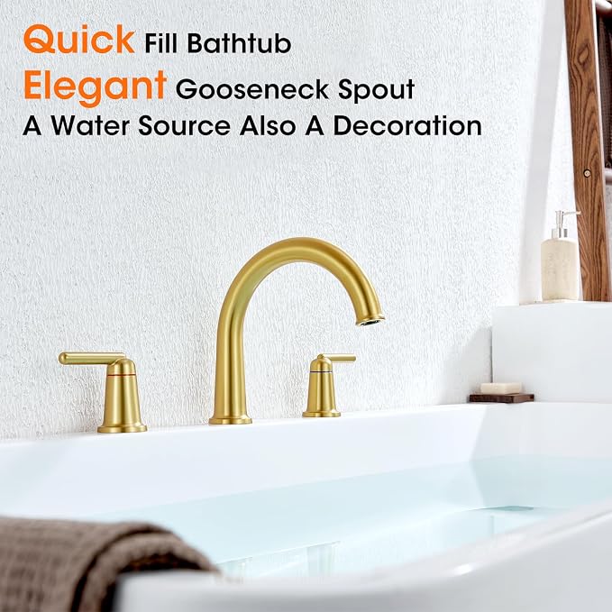 Brushed Gold Roman Bathtub Faucet, 2-Handle High Flow Tub Filler - Image 2