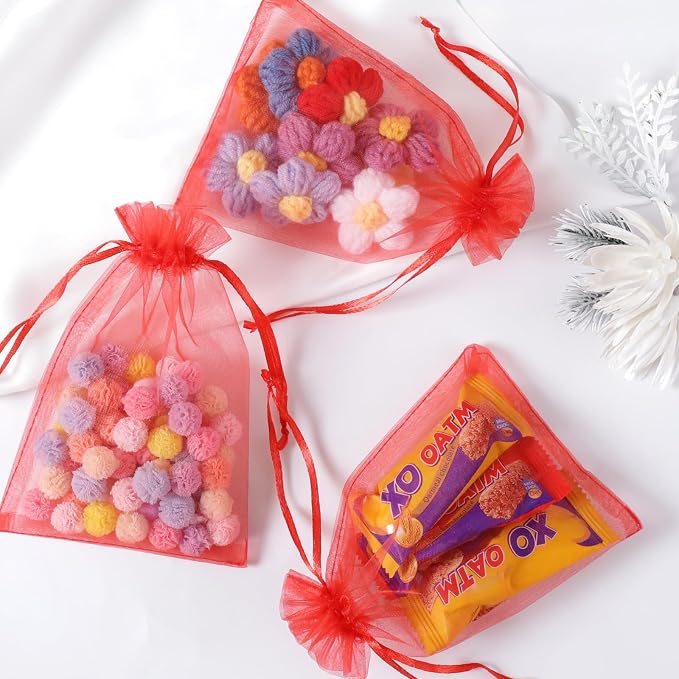 Hopttreely 100pcs Organza Bags, 4 x 4.72 inches Red Christmas Wedding Favors - Image 3