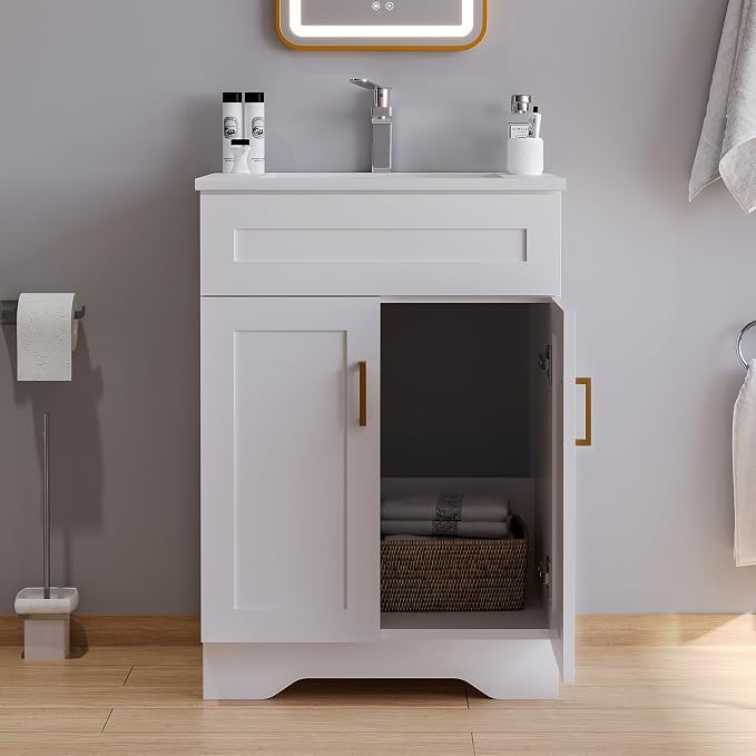 Bathroom 24" Vanity with Ceramic Sink, Wooden Double Door Bathroom Storage - Image 5