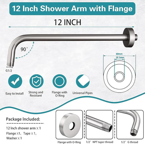 12 Inch Shower Arm with Flange, Stainless Steel 90 Degree Rain Shower Head - Image 2