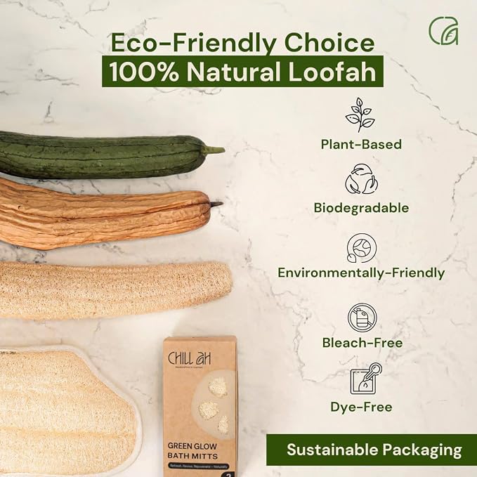 Chill Ah Green Glow Dual-Sided Loofah Bath Mitts – 100% Plant-Based, - Image 5