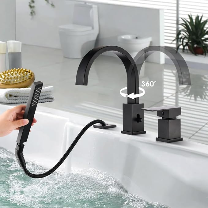 Brass Roman Tub Faucet with Sprayer, Deck Mount Bathtub Faucet with Hand Shower - Image 2