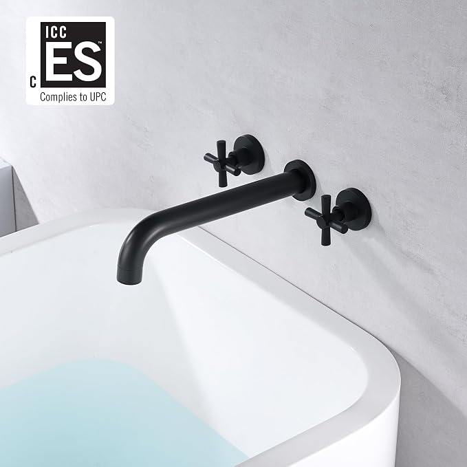 SUMERAIN Wall Mount Tub Filler Matte Black Bathtub Faucet High Flow Two Cross - Image 2