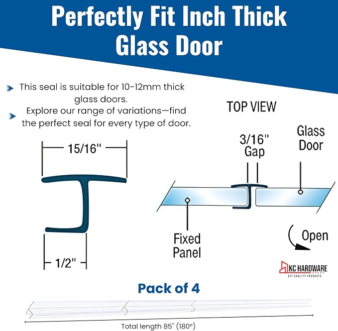 CBW Frameless Shower Door Side Seal Strip H-Type 180 Degree 85'' Length - Image 3