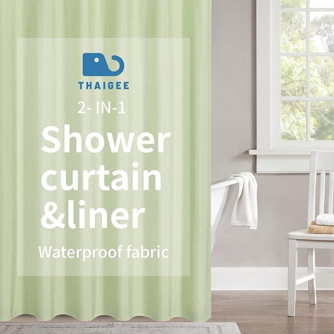 2-in-1 Waterproof Fabric Shower Curtain or Liner, Linen Textured, Breathable by THAIGEE