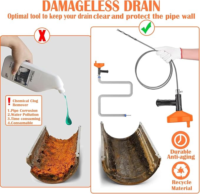 Drain Snake Auger 33 Feet, Plumbing Snake Drain Hair Clog Removal Tool - Image 5