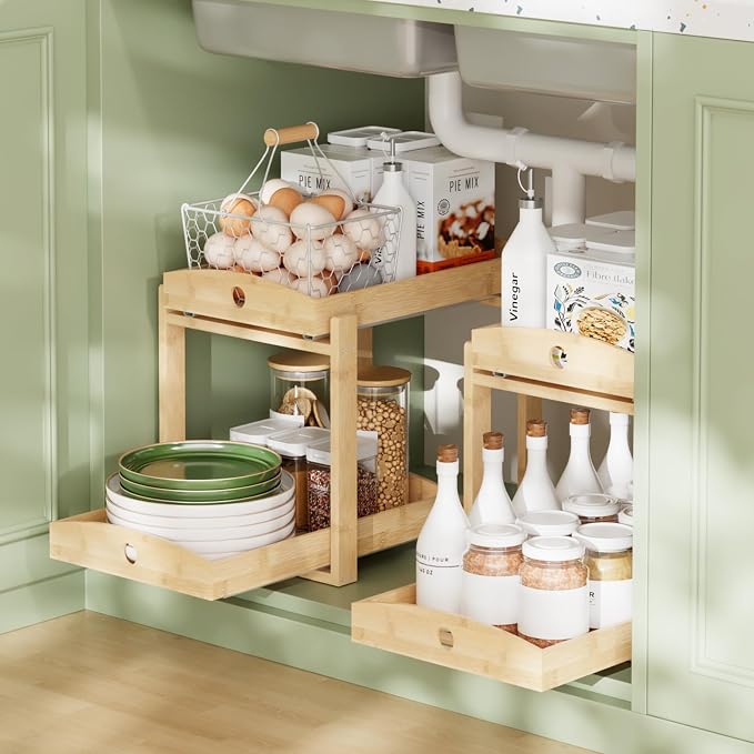 Bamboo Wood Under Sink Organizer 1 Pack, Pull Out Cabinet Organizer 2 Tier - Image 2