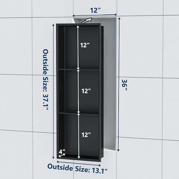 Neodrain 3-Tier 12X36 Inch Recessed Shower Niche Tile Ready, Matte Black - Image 2