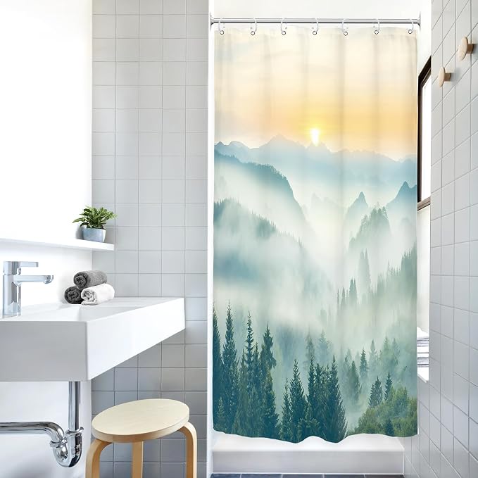 Riyidecor Small Stall Mountain Shower Curtain 36Wx72H Inch RV Narrow Green - Image 2