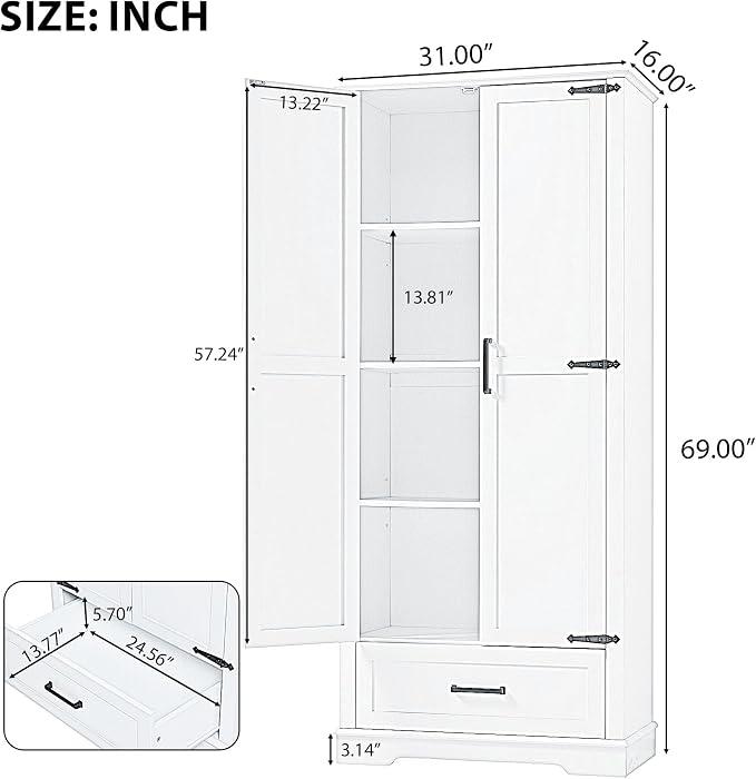 Tall Storage Cabinet with 2 Doors, 1 Drawer and Adjustable Shelf, Wood Floor - Image 2