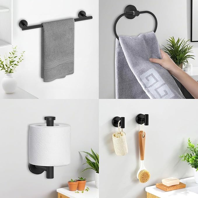 Black Bathroom Accessories Set, 7 Pieces Black Towel Bar Bathroom Hardware Set - Image 5