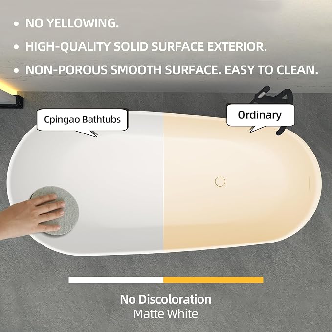 Cpingao 59" Solid Surface Freestanding Bathtub, Contemporary Oval Stone Resin - Image 3