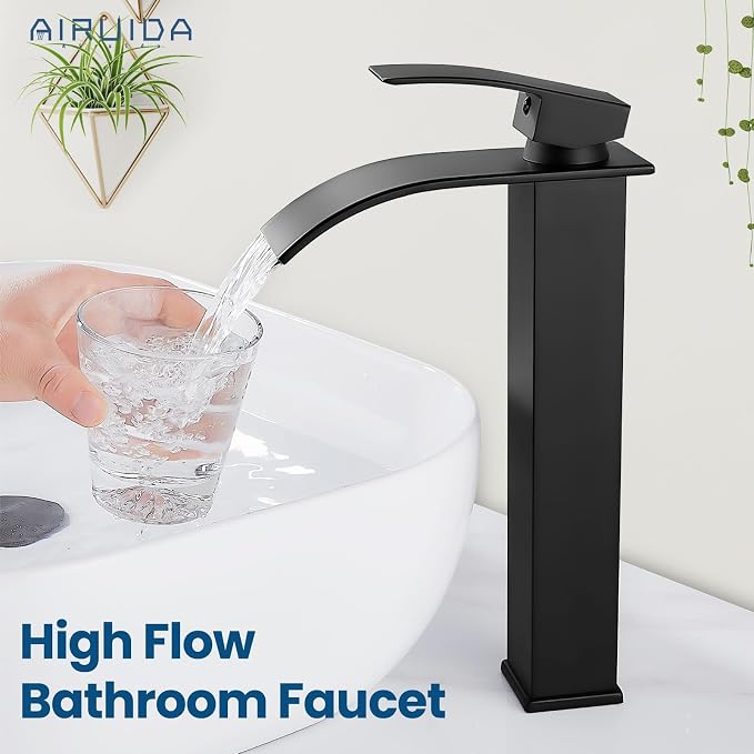 Airuida Vessel Sink Faucet Matte Black, Tall Waterfall Bathroom Faucet - Image 2