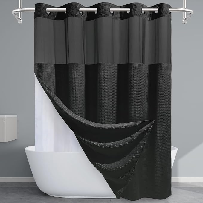 Black Long Shower Curtain with Liner by EUTXL